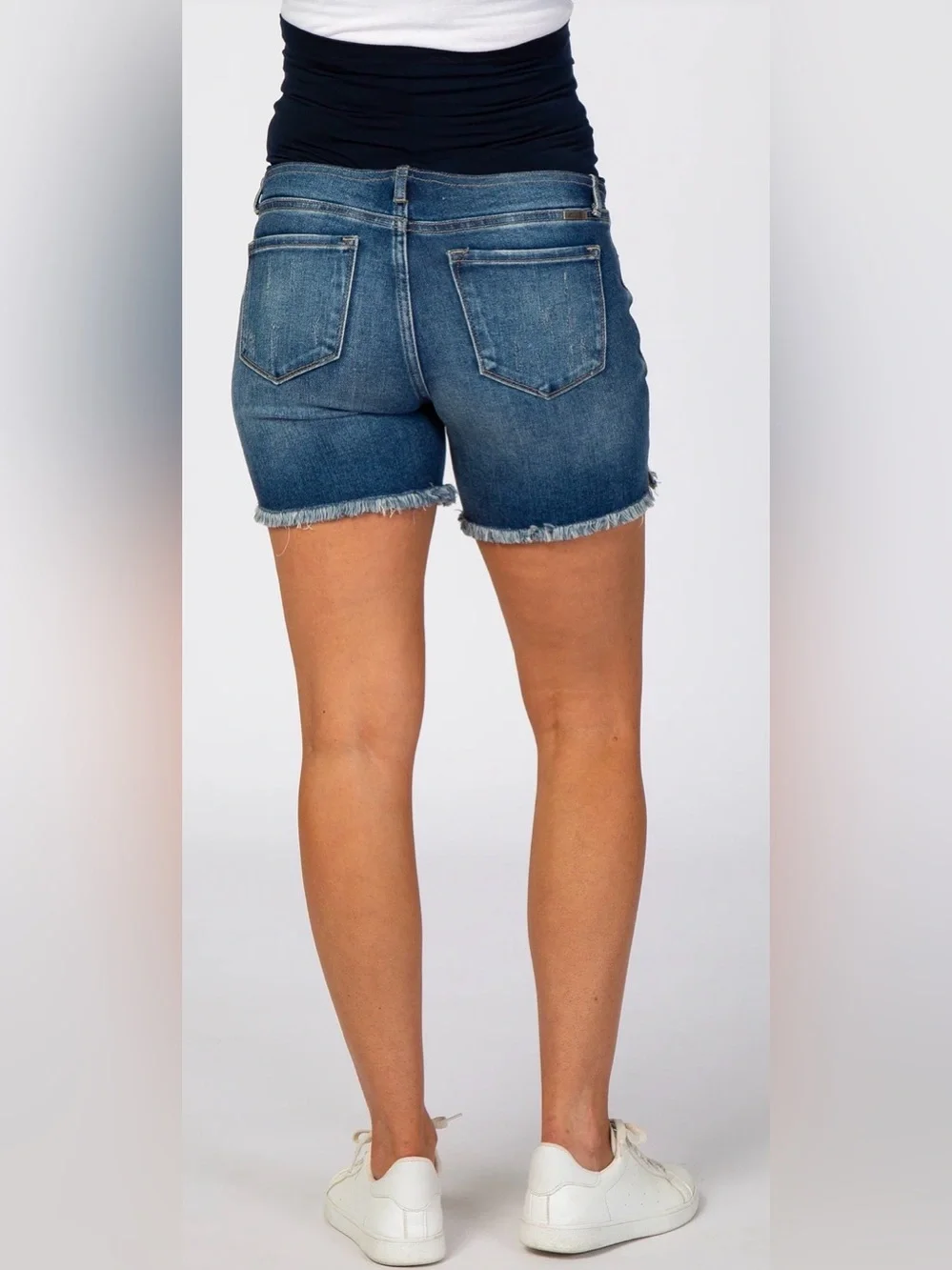 Blue Distressed Fringe Hem Maternity Jean Shorts From Pink Blush - Picture 4 of 8